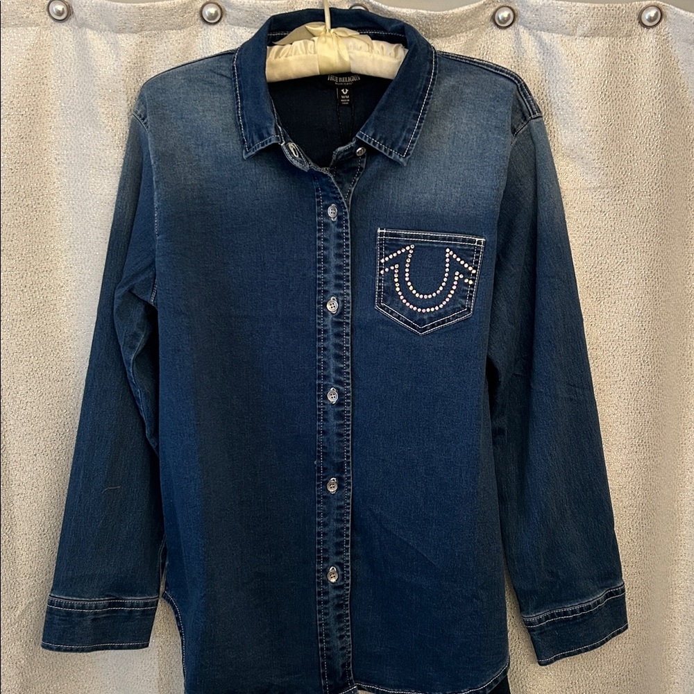 True Religion Dark Blue Denim Shirt with Studded Rhinestone Pocket
